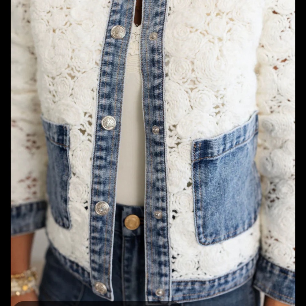 Sz M🇨🇦⭐️NWT Tribal Crochet Lace Denim-Trim Jacket - Picture 13 of 13